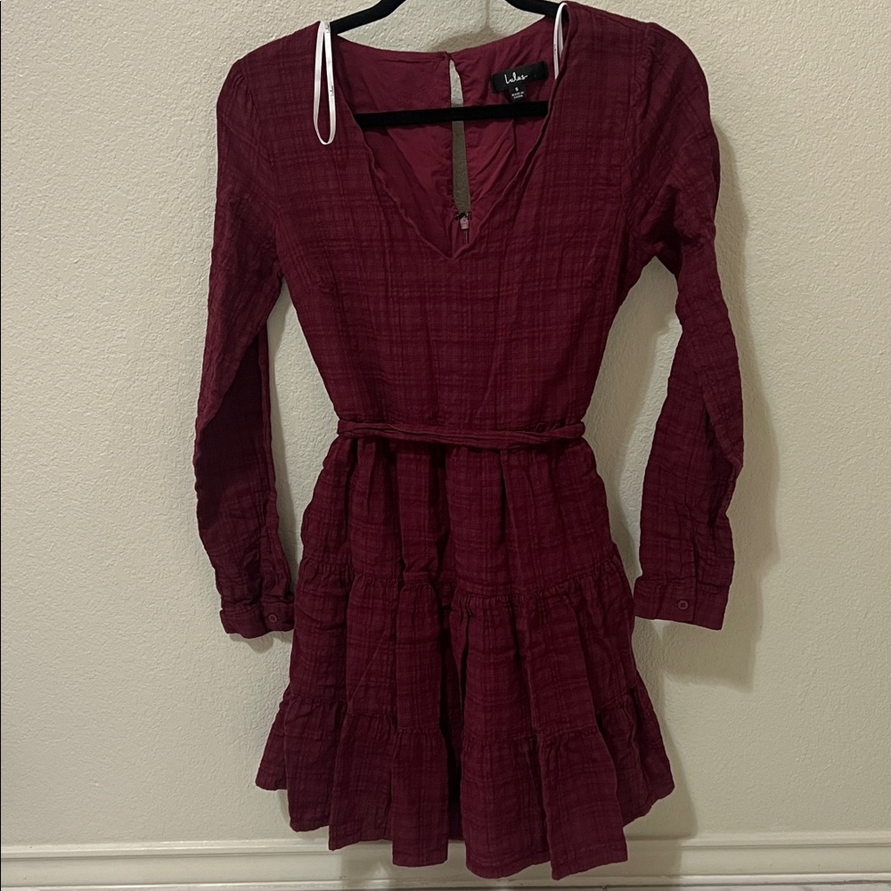 LULUS Autumn Adoration Wine Red Plaid Long Sleeve Dress With Pockets Size Small - Picture 4 of 10